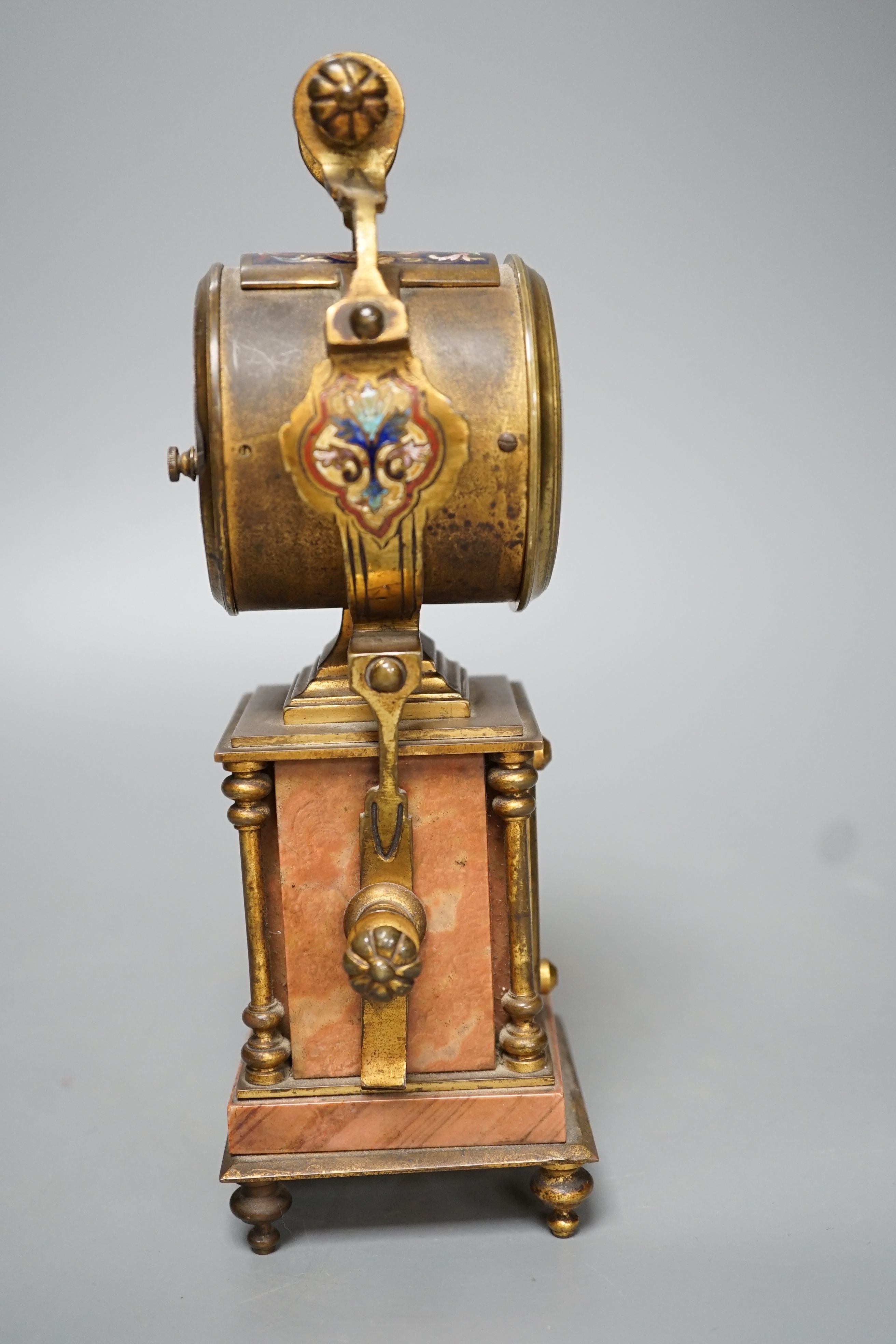 A French champleve enamel ormolu and marble mantle timepiece - 23cm high